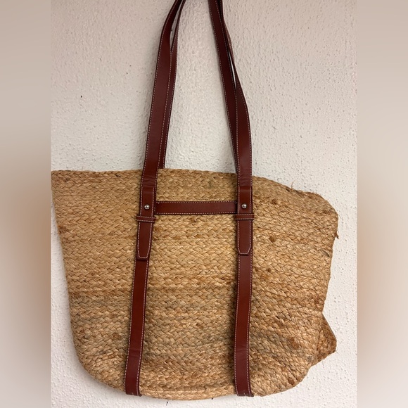 Haute Hippie Straw Woven Raffia Bag Tan Brown Leather Pocket and Trim Tote NWT - Picture 7 of 7